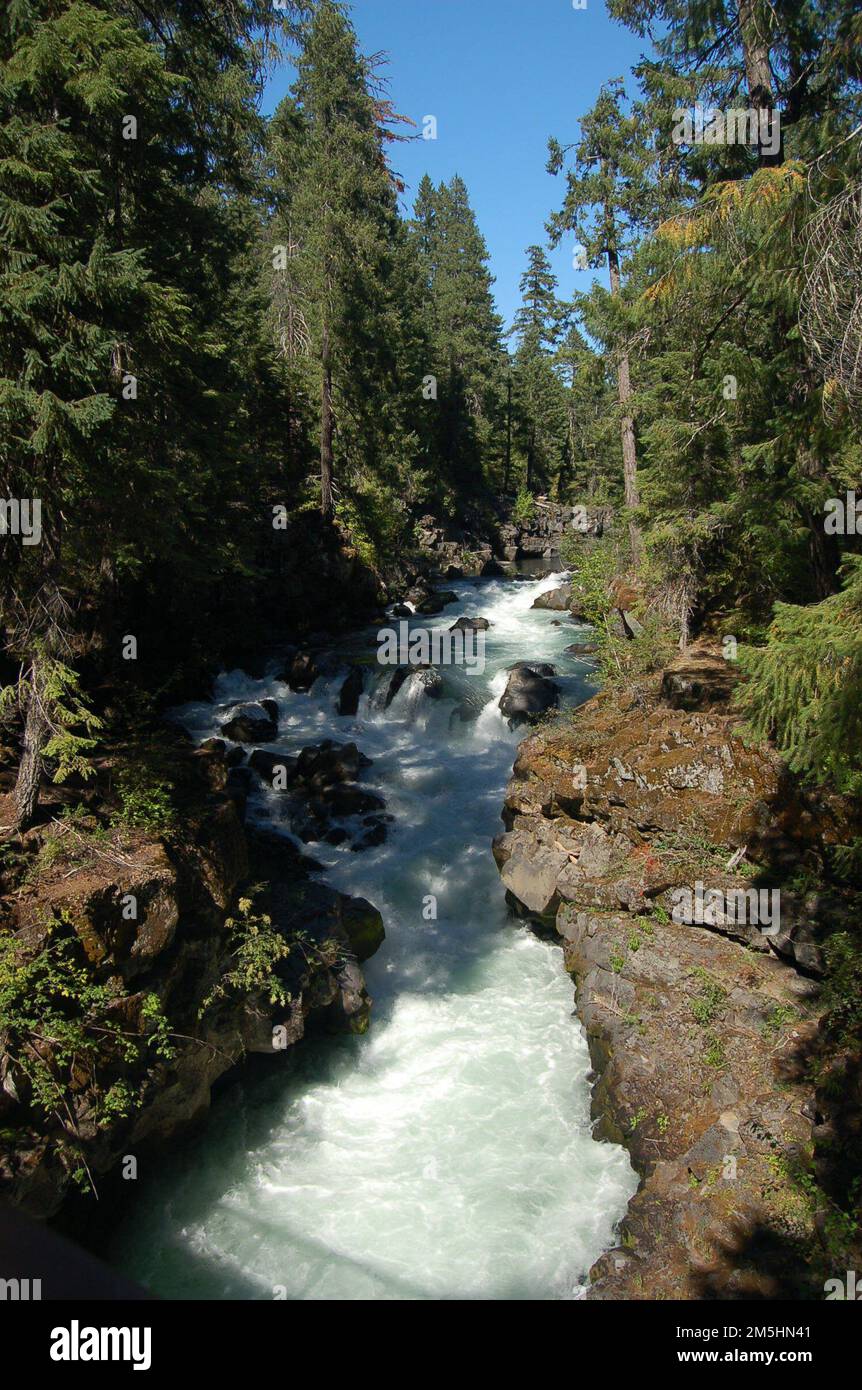 Rogue-Umpqua Scenic Byway - Rogue River von der Brücke. Von der Fußgängerbrücke aus gesehen stürzt der Rogue River auf dem Natural Bridge Trail durch eine Lavaschlucht. Standort: Rogue River National Forest, Oregon (42,889° N 122,466° W) Stockfoto