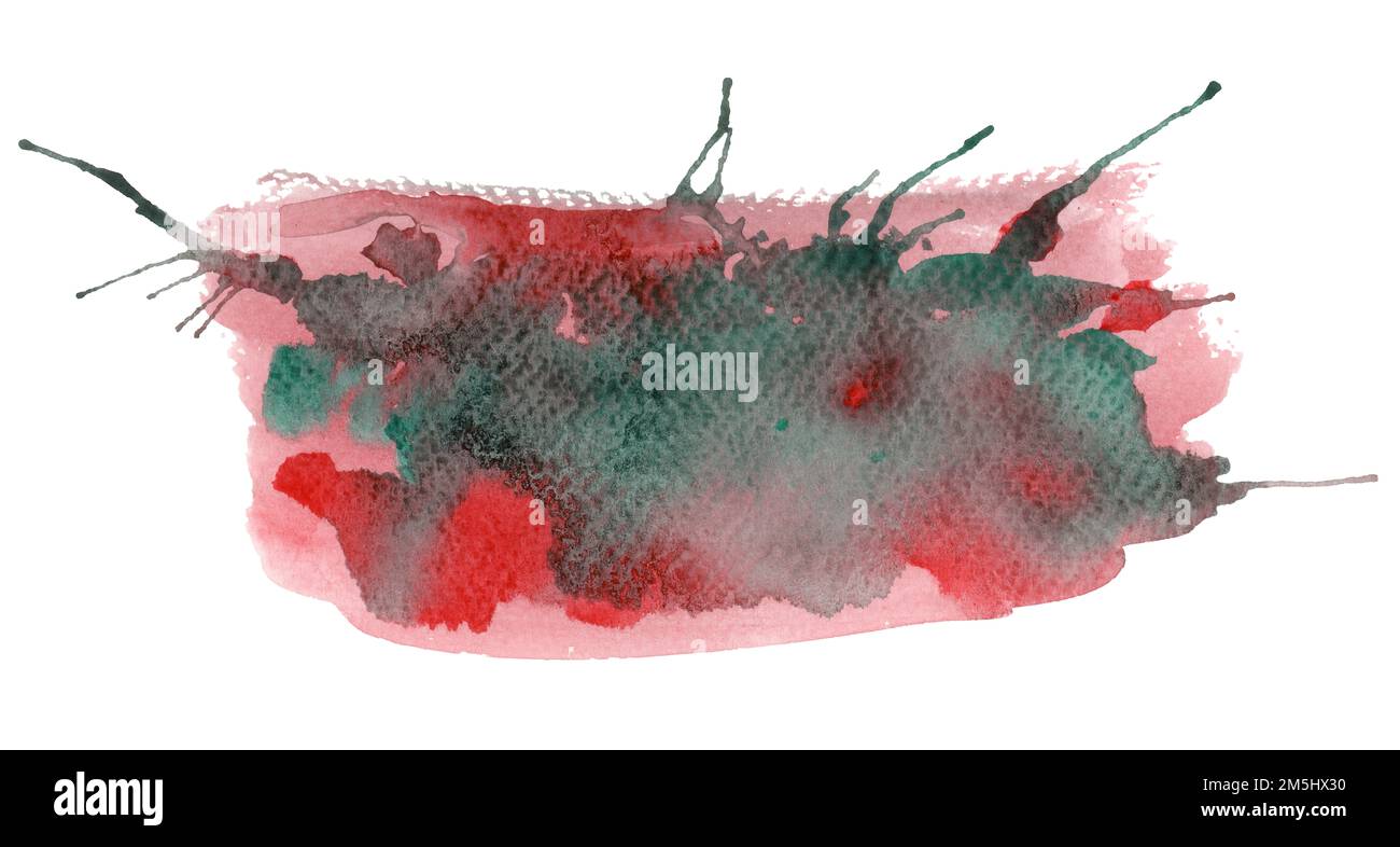 Roter und grüner Aquarellfleck. Längliche Aquarelle mit Spritzer Stockfoto