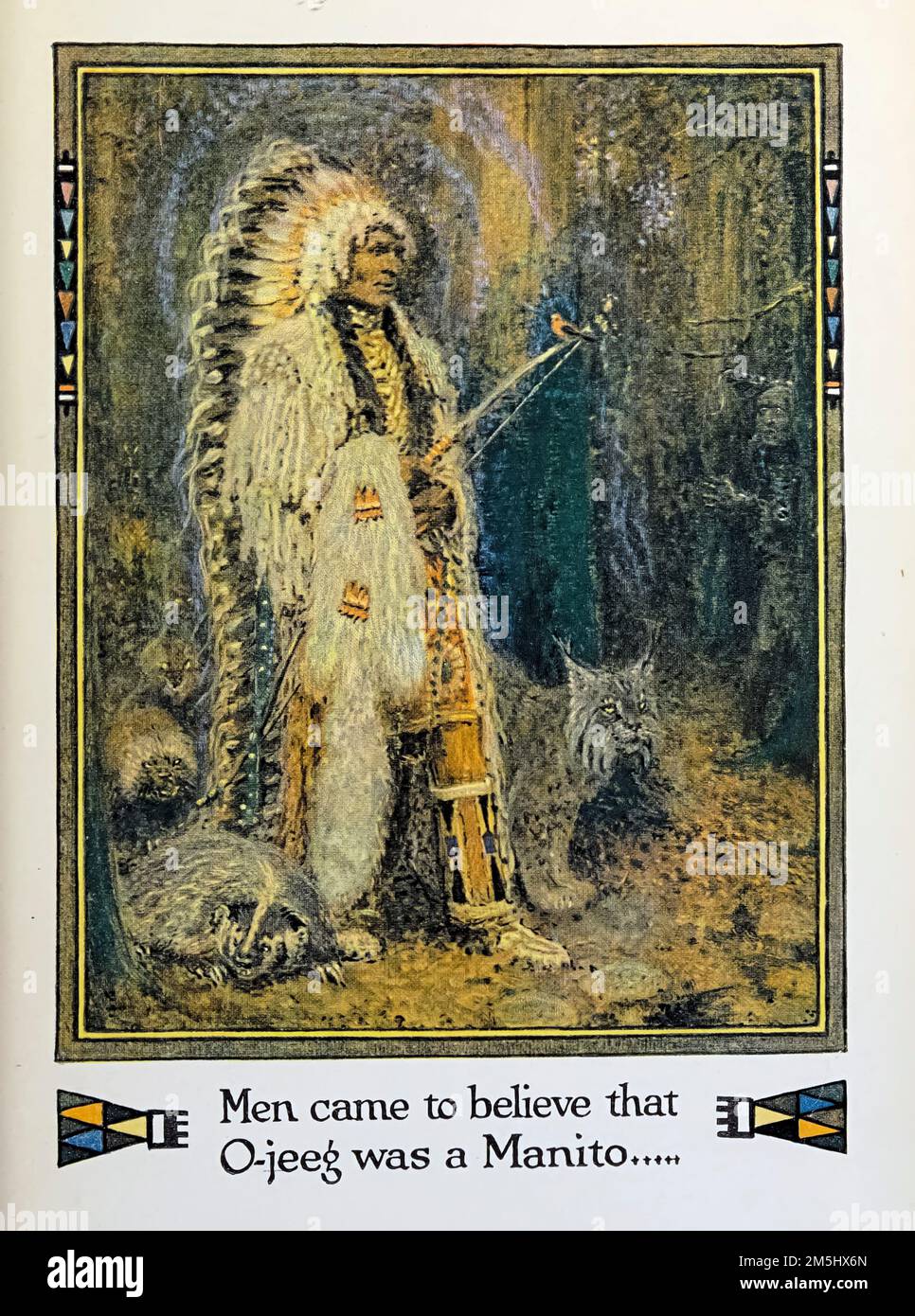 Die Männer glaubten, dass O-Jeeg ein Manito war, illustriert von John Rae aus dem Buch " American Indian Märchen " von William Trowbridge Larned, Publikationsdatum 1921 Herausgeber New York, P. F. Volland Stockfoto