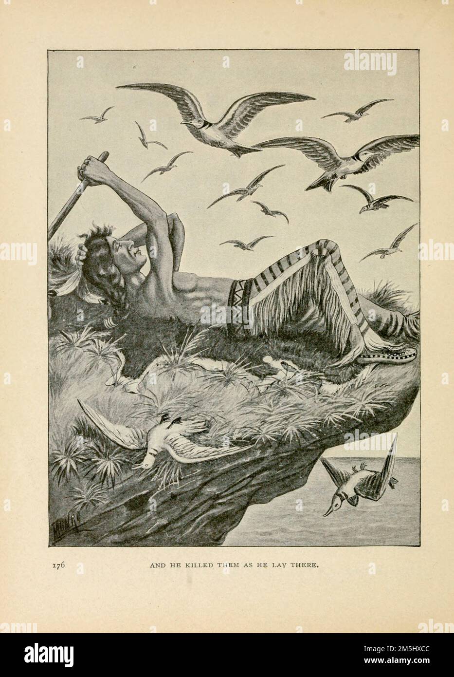 Und er tötete sie, wie er dort lag, illustriert von Ella Booher, aus dem Buch Hiawatha der Indianer aus Longfellow's Lied of Hiawatha von Henry Wadsworth Longfellow, 1807-1882; Stockfoto