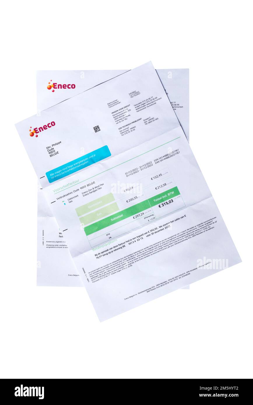 Rechnung/Rechnung von Eneco, belgischer Erdgas- und Stromversorger in Belgien, Nahaufnahme auf weißem Hintergrund Stockfoto