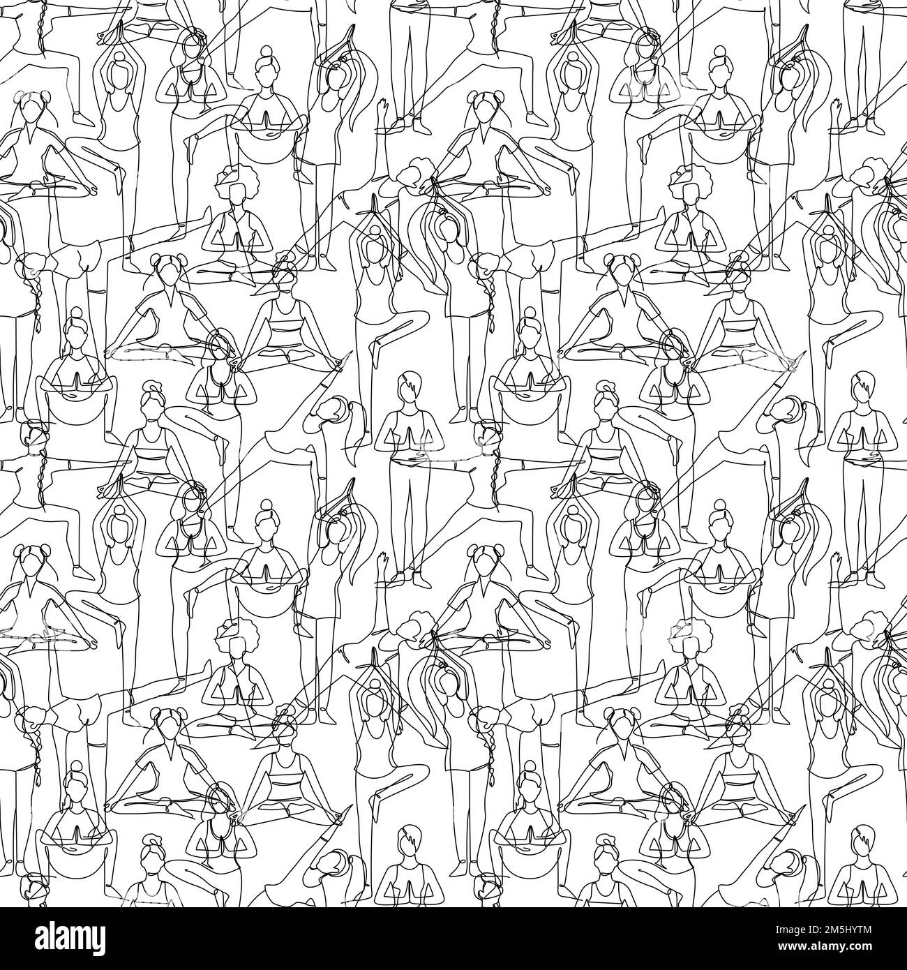 Nahtloses Muster mit einzeiligen Zeichnungen eines Mädchens, das in einer Yoga-Pose sitzt und steht. Stock Vektor