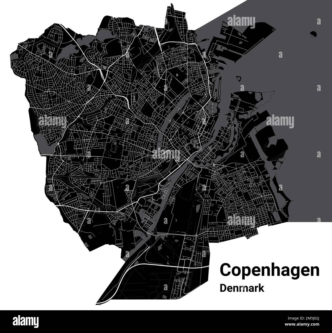 Vektorkarte Kopenhagen. Detaillierte Vektorkarte des Verwaltungsgebiets der Stadt Kopenhagen. Stadtbild-Poster mit Blick auf die Metropolitane Aria. Schwarzes Land mit weißem Buil Stock Vektor