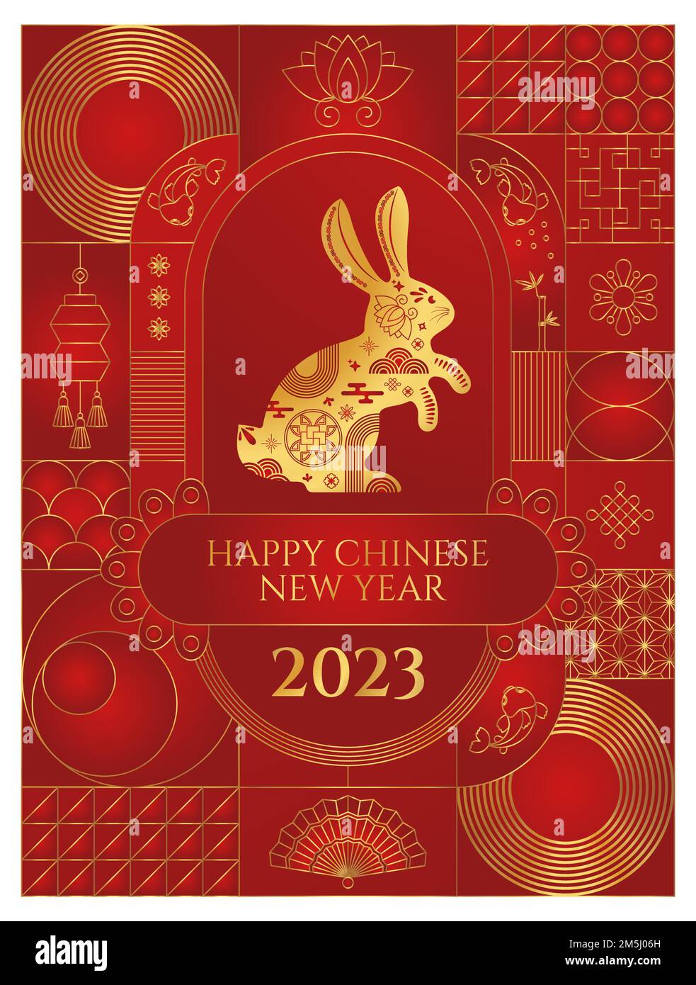 Geometrisches chinesisches Muster. Rotes goldenes asiatisches Luxusschmuck. Stock Vektor