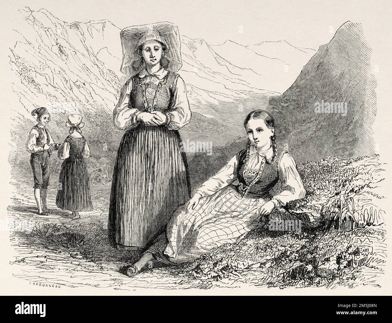 Harte Frauen in traditionellen Kostümen, Norwegen. Skandinavien, Nordeuropa. Reisen in den skandinavischen Staaten mit Saint-Blaise 1856 Stockfoto