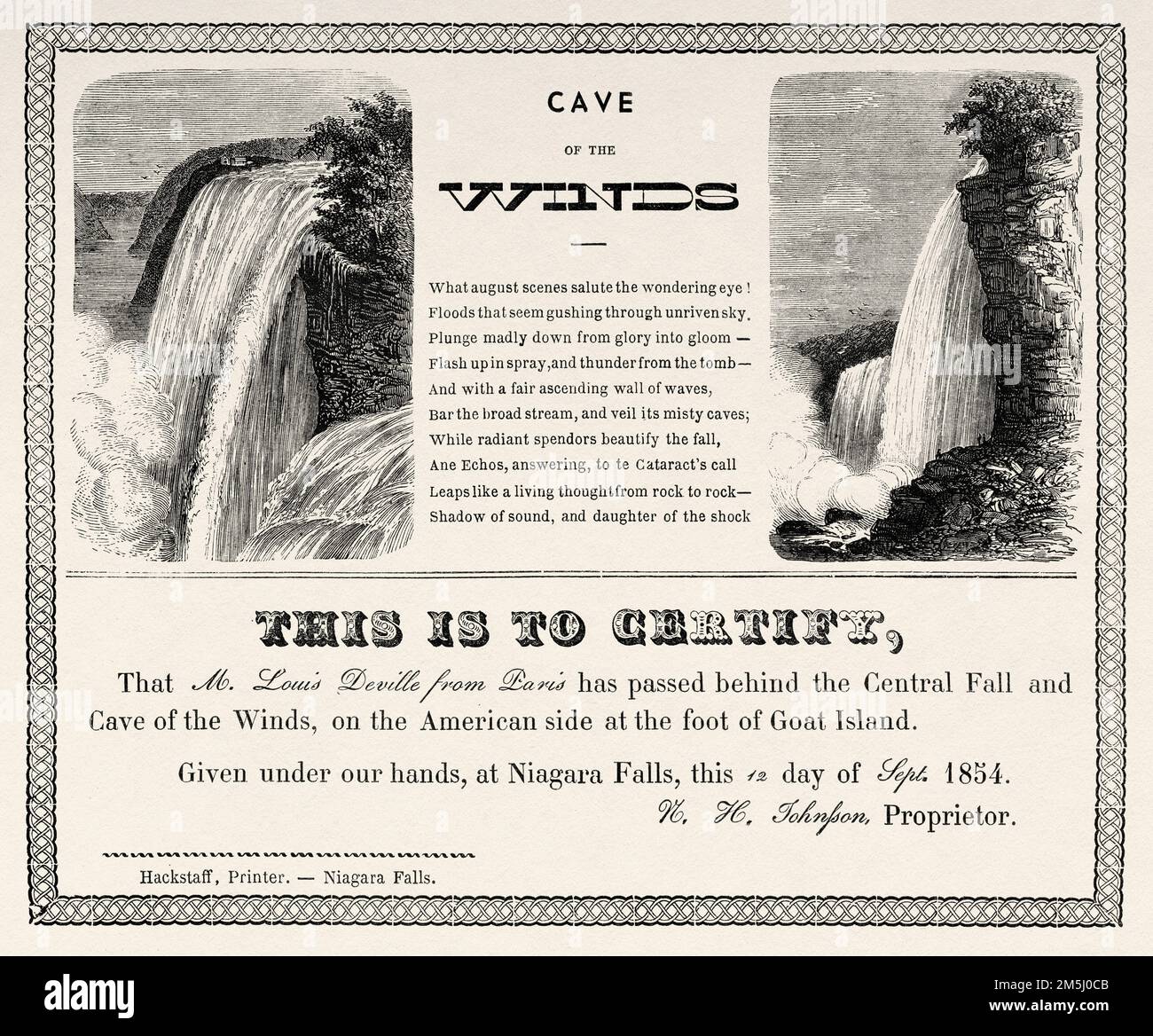 Die Niagarafälle. Zertifikat ausgestellt vom Wächter der Höhle der Winde. Reisen in Nordamerika von Louis Deville, USA und Kanada 1854-1855. Le Tour du Monde 1861 Uhr Stockfoto