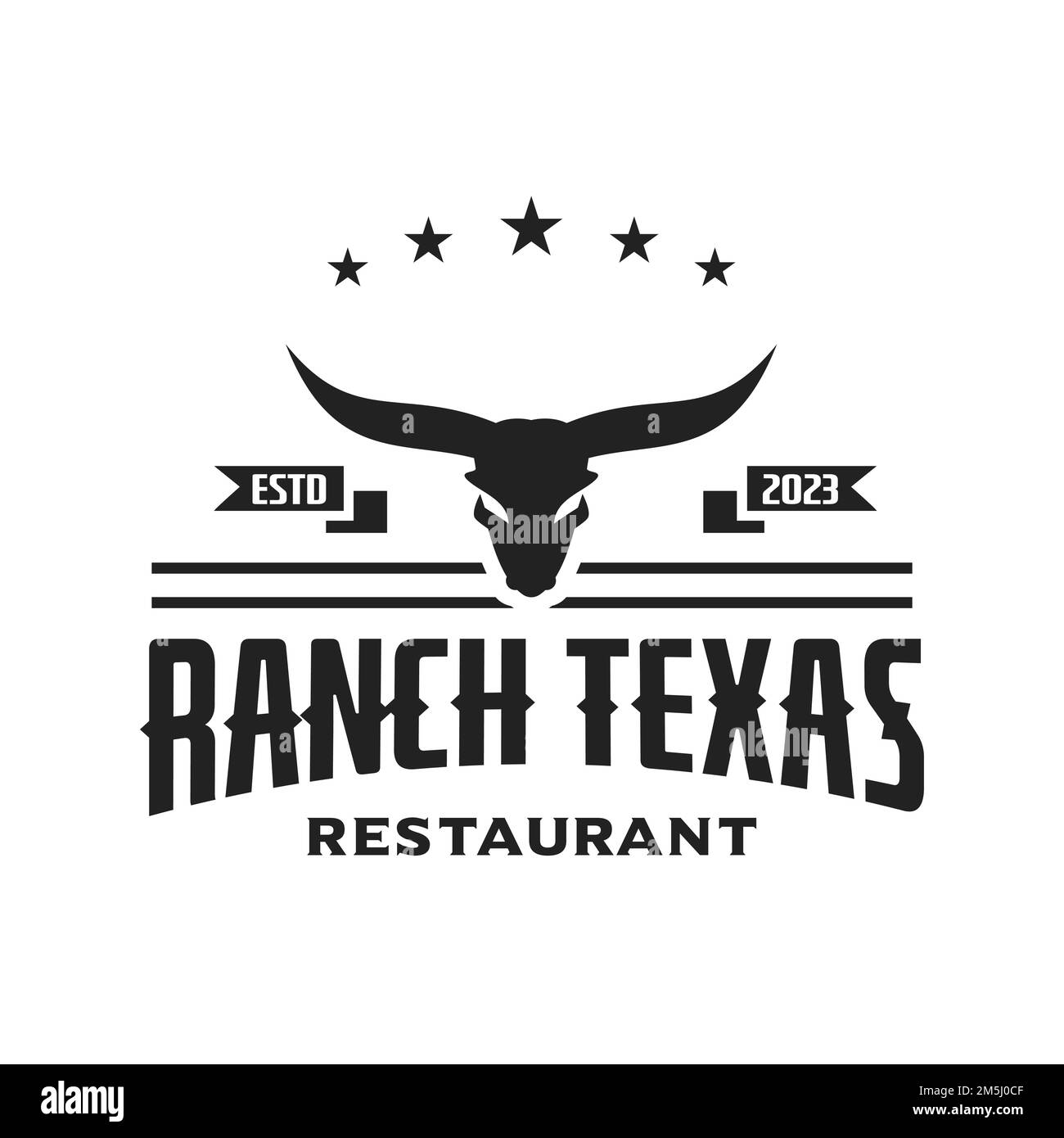 Klassisches Longhorn-Büffel-, Kühe- und Bullenlogo für Ihr Business West State Viehrestaurant. Stock Vektor