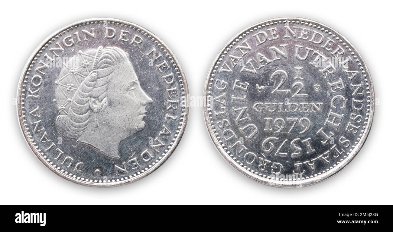 Niederländische Münze zweieinhalb Gulden 1979, Schild mit Queen Juliana Kopf und Text 'GRONDSLAG VAN DE NEDERLANDSE STAAT UNIE VAN UTRECHT' Stockfoto