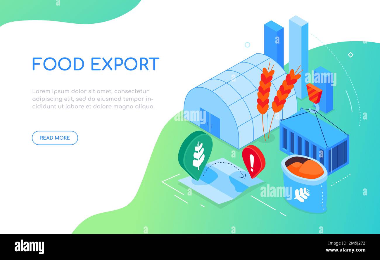 Lebensmittelexport - modernes, farbenfrohes isometrisches Webbanner Stock Vektor