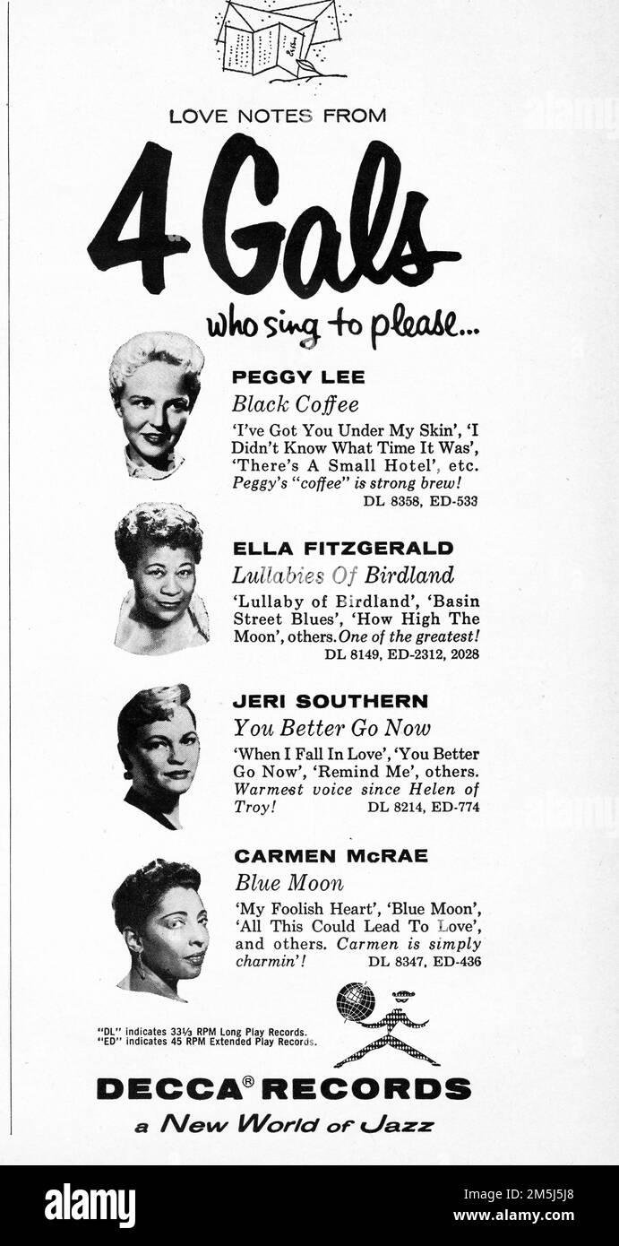 Ein Werbespot von Decca Records für Aufnahmen einer rassisch vielfältigen Gruppe von Frauen, Ella Fitzgerald, Carmen McRae, Jeri Southern und Peggy Lee. Aus einer Zeitschriftenanzeige von 1956. Stockfoto