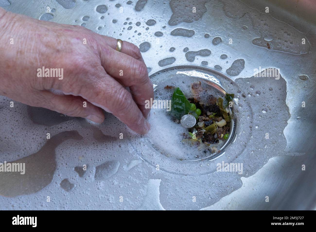 Weibliche Hand sammelt Essensreste aus dem Spülbecken mit Schaum im Spülbecken aus Edelstahl Stockfoto