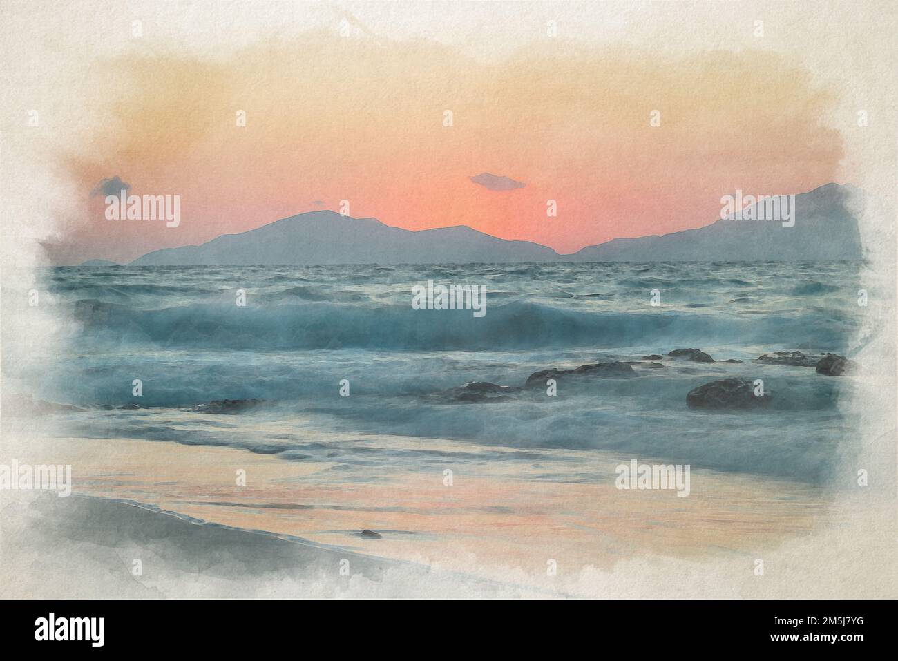 Ätherische digitale Aquarellmalerei des Meeres bei Sonnenuntergang. Stockfoto