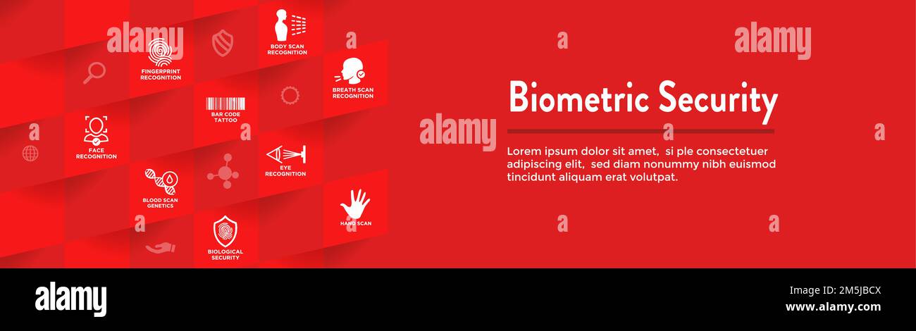 Webbanner für biometrische Scans mit Symbolsatz-DNA, Fingerabdruck, Voice-Scan, Tattoo-Barcode, 2FA usw. Stock Vektor
