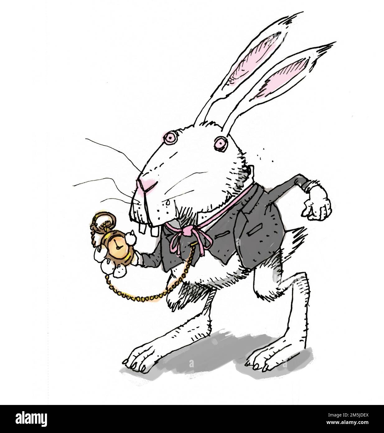 Illustration des fiktiven anthropomorphen Charakters des Weißen Hasen, der das Buch Alice's Adventures in Wonderland des verstorbenen Lewis Carroll aus dem Jahr 1865 veröffentlicht Stockfoto