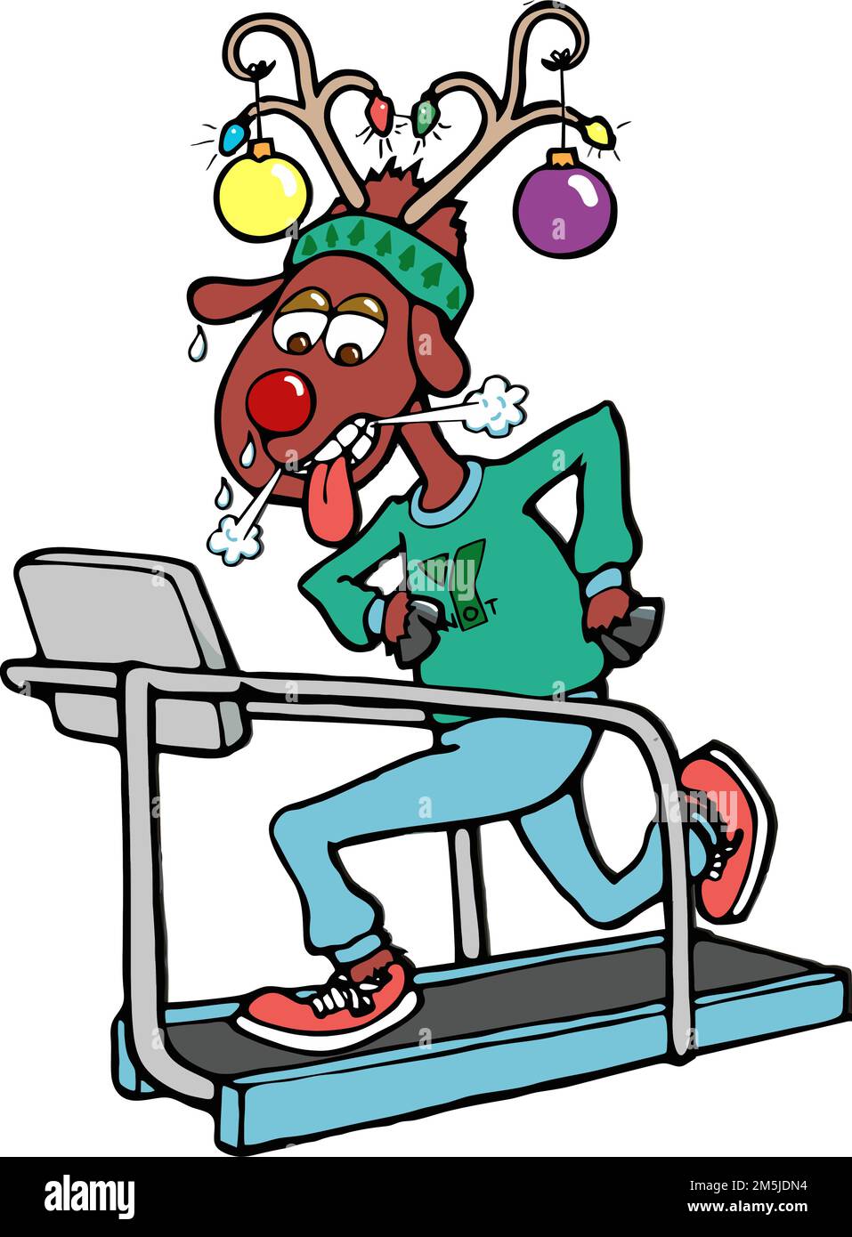 Lustige Weihnachtskarikaturen-Rentiere auf einem Laufband Stock Vektor