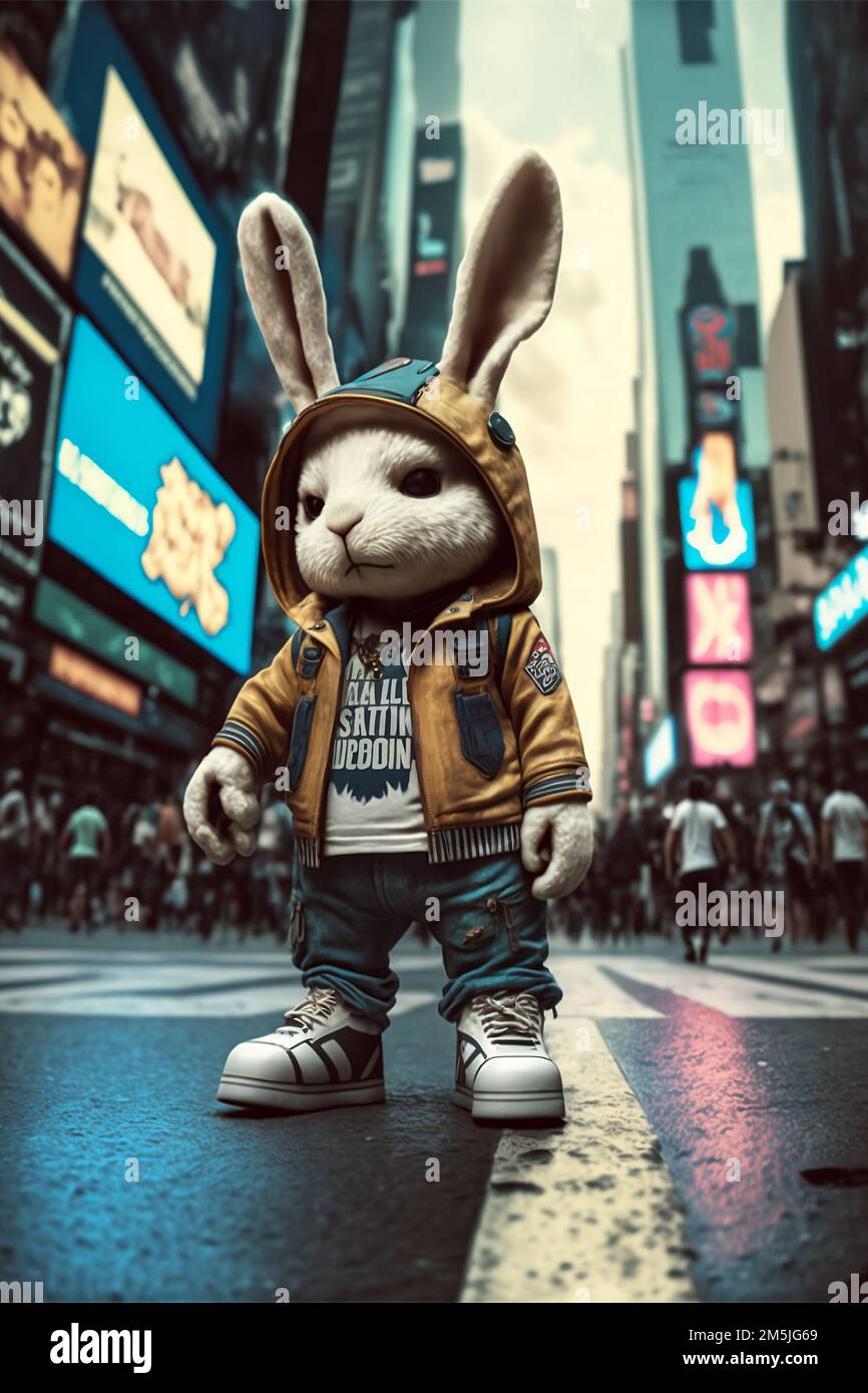 Kinofoto Aufnahme eines Hip-Hop-Moden-gekleideten Spielzeughasen am Times Square, New York City, extrem realistisch, 4K, Fotografie Stockfoto