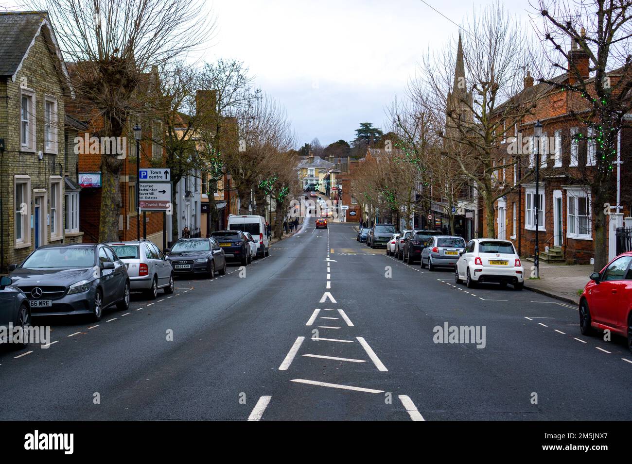 Die High Street in Saffron Walden, Essex, Großbritannien, mit Weihnachtslichtern, die Bäume auf dem Bürgersteig schmücken Stockfoto