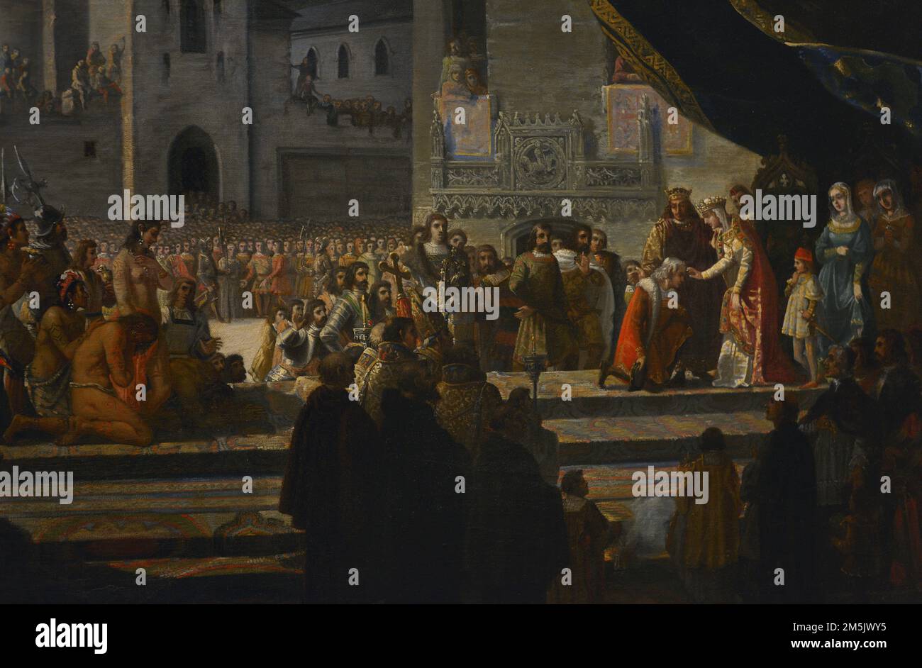 Kolumbus empfangen von den katholischen Monarchen in Barcelona (April 1493). Öl auf Leinwand (111 x 144 cm) von Francisco Garcia Ibañez (geb. 1825), 1845. Detail. Armeemuseum. Toledo, Spanien. (Ausgeliehen vom Prado Museum, Spanien). Stockfoto