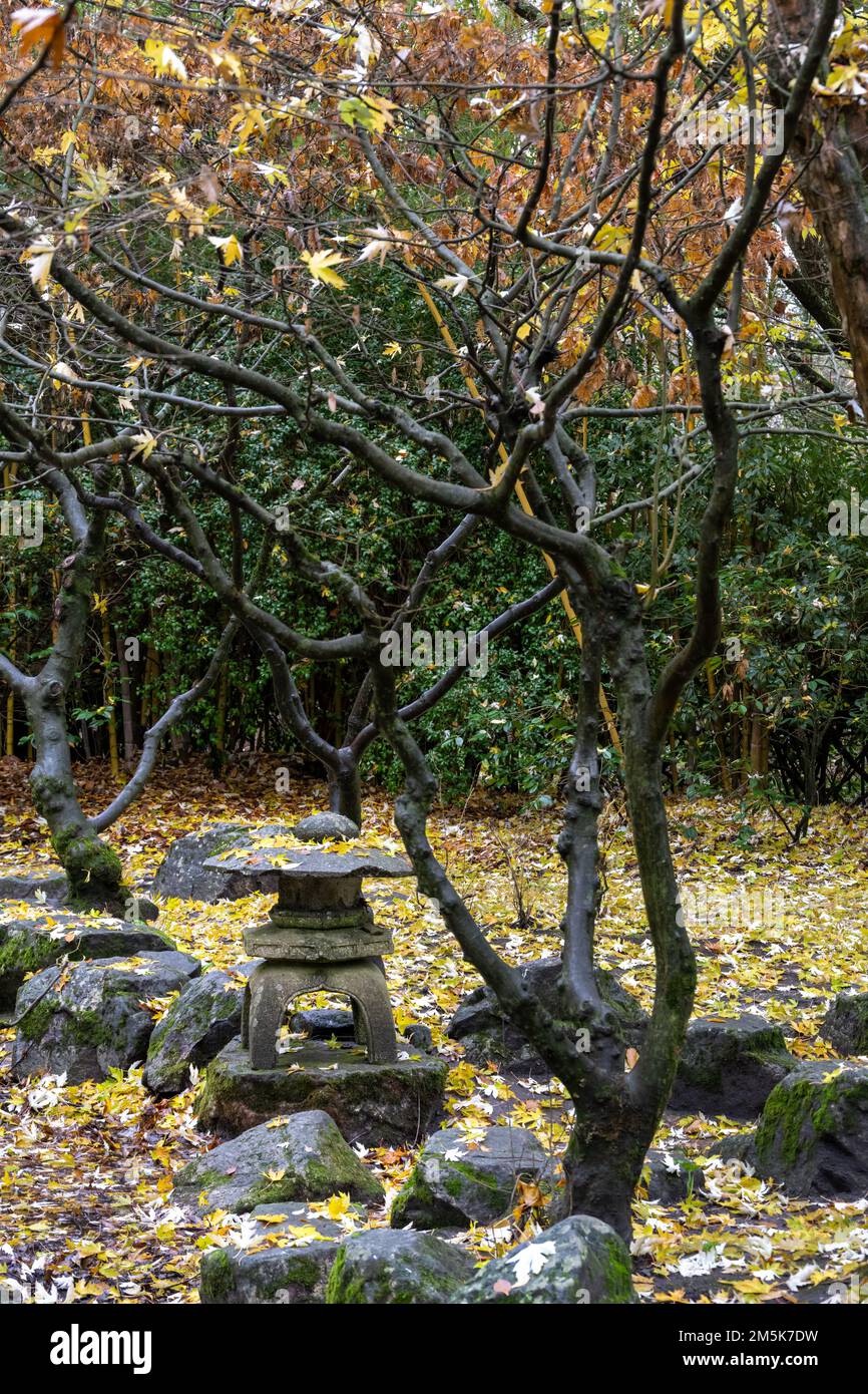 Japanischer Garten für Fukuoka in den Twin City Gardens (Jardins des Villes jumelées) im Bordeaux Parc Floral, Frankreich Stockfoto