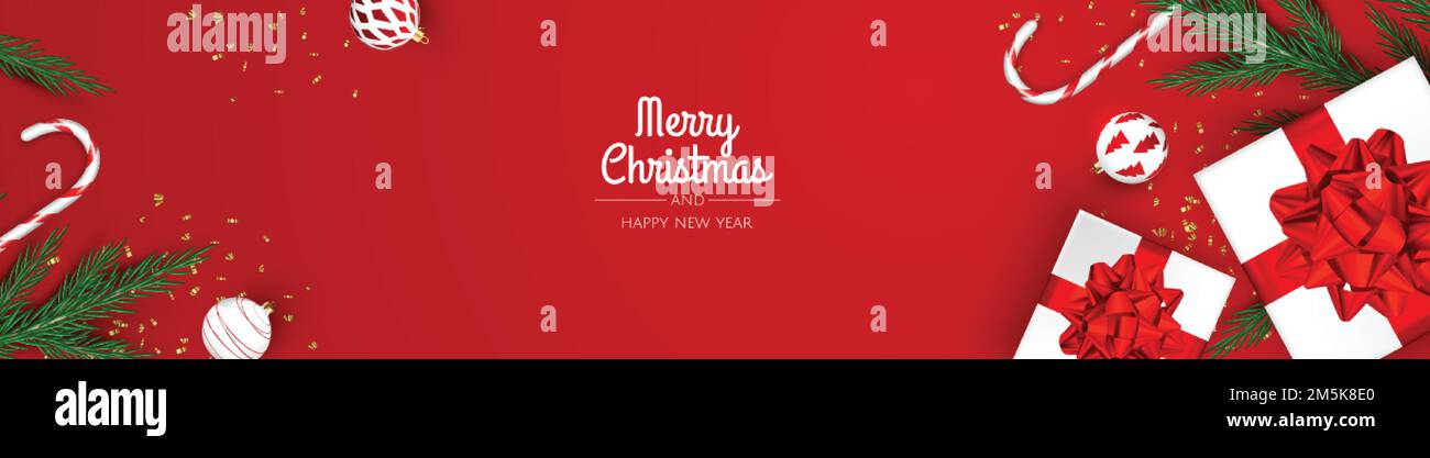 Weihnachtsbanner. Weihnachtsdesign mit realistischer Geschenkbox, Schneeflocke und goldenem Konfetti-Glitzer. Horizontales Weihnachtsposter, Grußkarten Stock Vektor