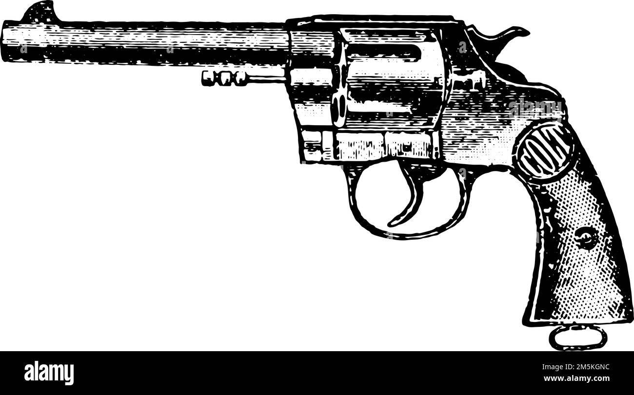 45-Kaliber Doppelaction Colt Revolver, Vintage-Gravur. Alte, eingravierte Darstellung eines Colt Revolvers, isoliert auf weißem Hintergrund. Stockfoto