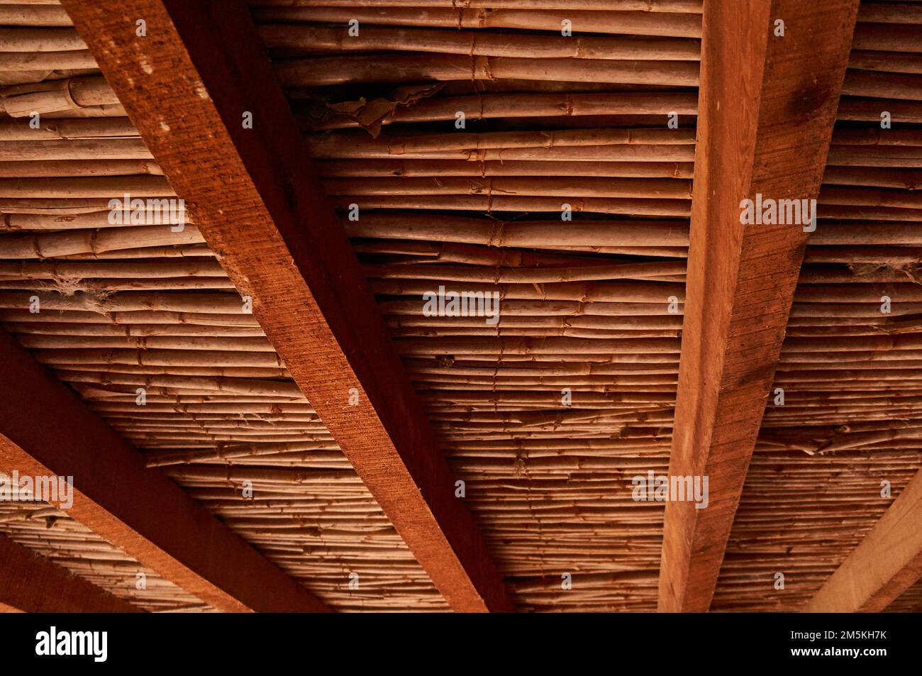 Altes Dach aus Schilf und Holz in einem verlassenen Haus in Zypern. Stockfoto