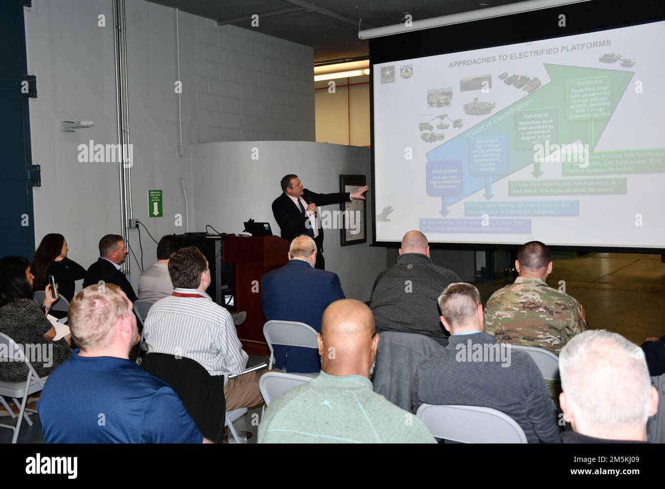 Fortschritte in der Anti-Leerlauf-Technologie wurden am 22. März als Ingenieure der USA vorgestellt DEVCOM Army Ground Vehicle Systems Center und Projektleiter mit dem Joint Program Office und Joint Light Tactical Vehicle demonstrierten die betrieblichen Vorteile des in einem JLTV integrierten Taktischen Fahrzeug-Elektrifizierungskits des Zentrums. Stockfoto