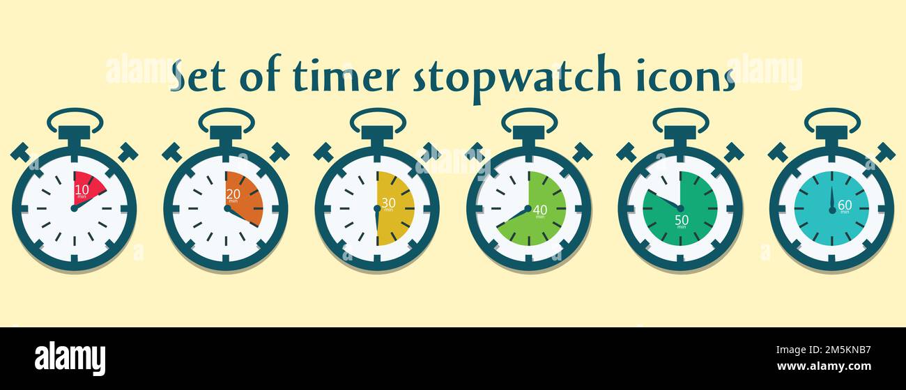 Timer und Uhrensymbol eingestellt. Flaches Uhrensymbol. Stoppuhr, Zeitschaltuhr, Sanduhr, Sanduhr, Uhr. Symbol „Schnelle Zeit“. Stock Vektor