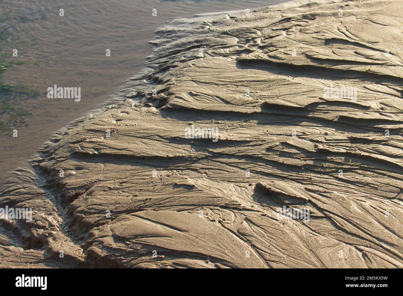 Muster der Hintergrundstruktur für feuchten Sand. Stockfoto