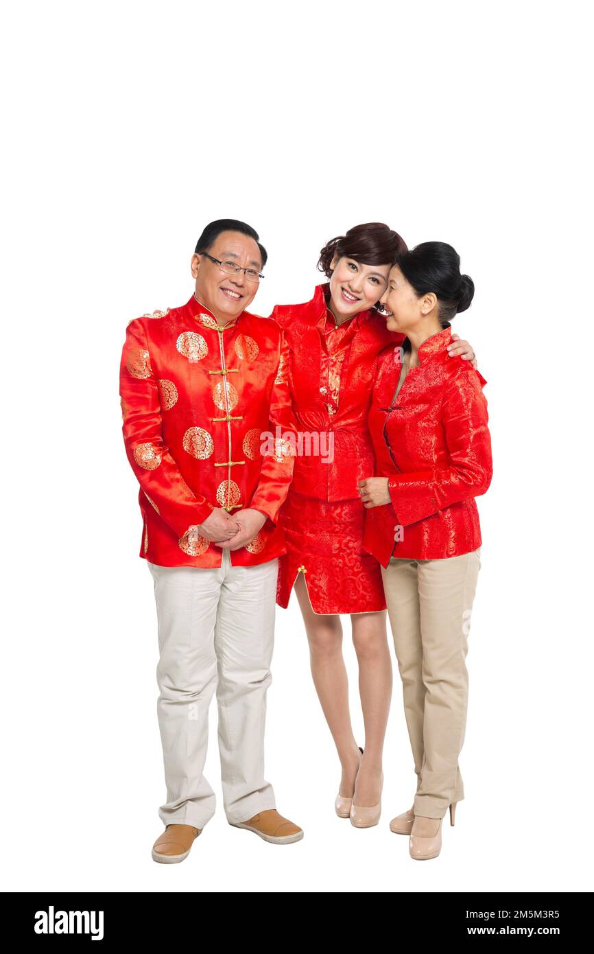 Frohe chinesische Neujahrskostümfamilie Stockfoto