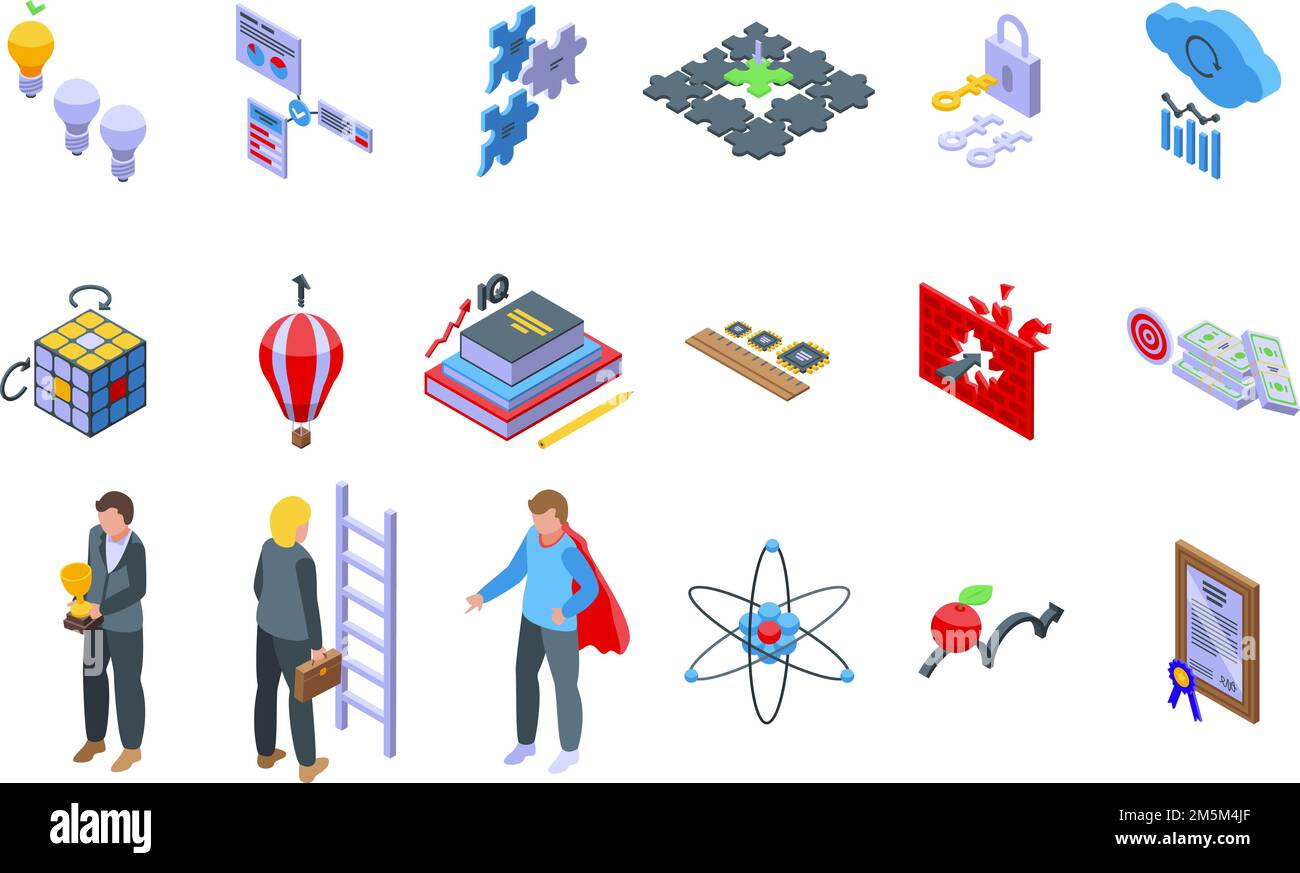 Insight-Symbole legen den isometrischen Vektor fest. Brainstorming-Generierung. Mind Problem Stock Vektor