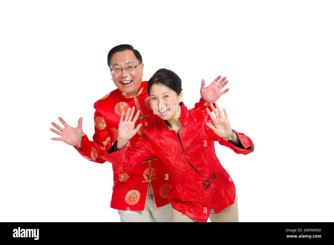 Frohes chinesisches Neujahrskostüm für ältere Paare Stockfoto