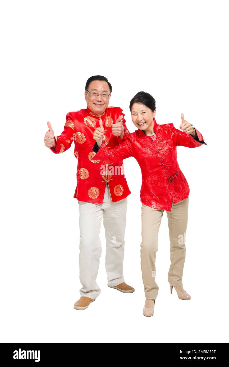 Frohes chinesisches Neujahrskostüm für ältere Paare Stockfoto