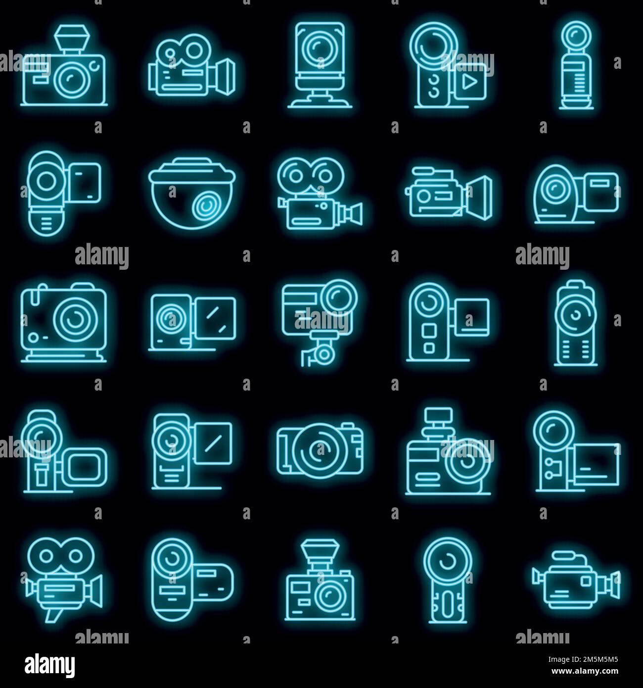 Camcorder-Symbole eingestellt. Umreißen Sie die Vektorsymbole des Camcorders in Neonfarbe auf Schwarz Stock Vektor