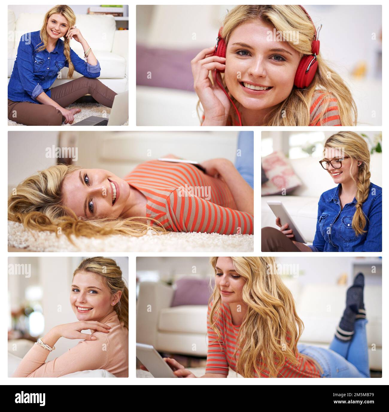 Ich werde heute einfach zu Hause entspannen. Kompositbild einer attraktiven jungen Frau, die sich zu Hause entspannt. Stockfoto