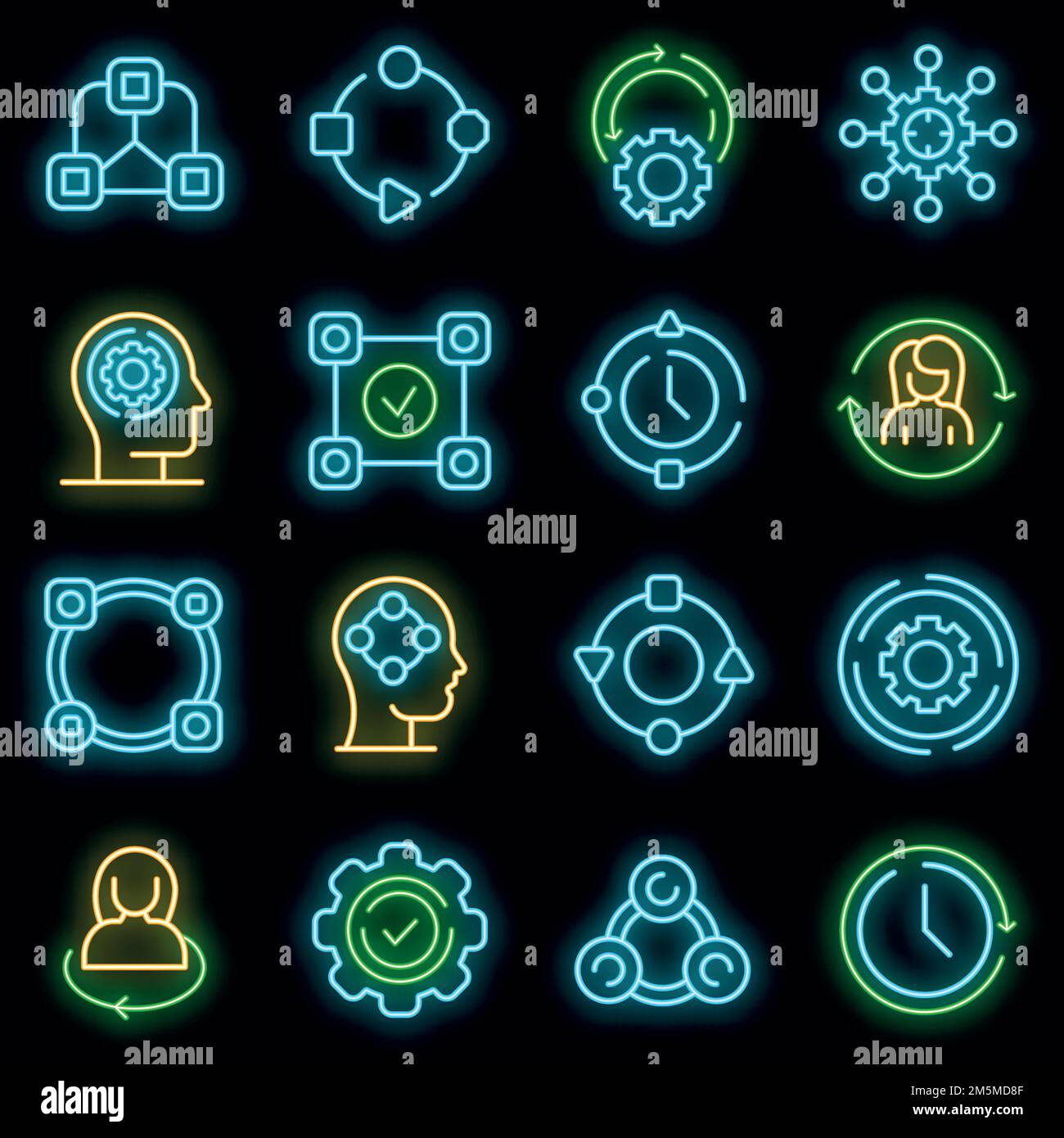 An Änderungen anpassen, Symbole gesetzt. Umriss Satz von Anpassung an ändert Vektor-Symbole Neonfarbe auf schwarz Stock Vektor