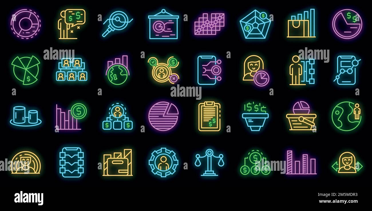 Symbole für die Marktsegmentierung festgelegt. Skizzieren Sie einen Satz von Vektorsymbolen für die Marktsegmentierung in Neonfarbe auf Schwarz Stock Vektor