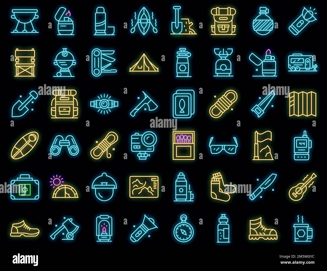 Ausrüstung für Wander Icons Set. Skizzieren Sie Set von Ausrüstung für Wanderung Vektor-Icons Neonfarbe auf schwarz Stock Vektor