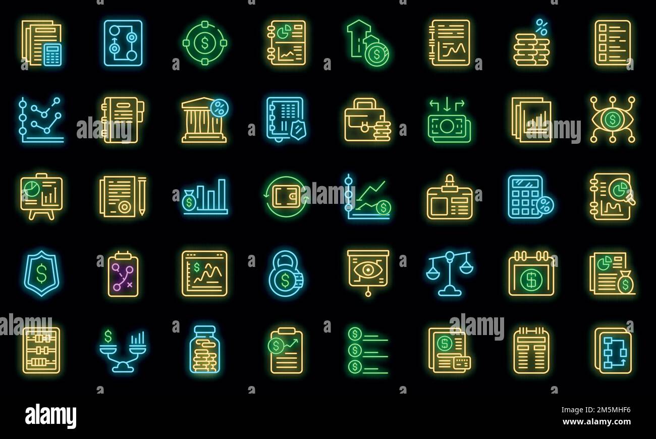 Symbole für die Finanzplanung eingestellt. Skizzieren Satz von Finanzplanung Vektor-Symbole Neonfarbe auf schwarz Stock Vektor