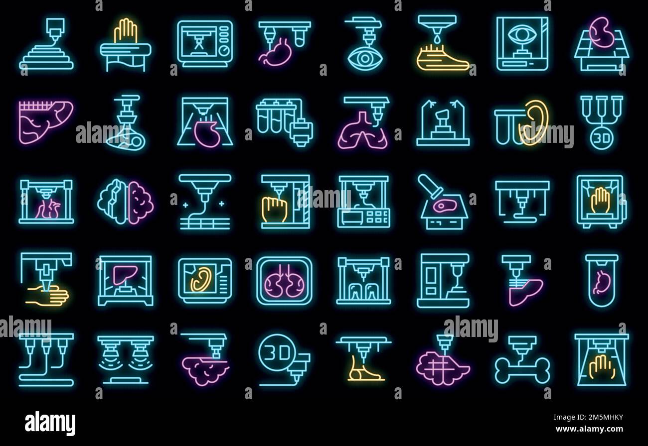Bioprinting-Symbole gesetzt. Umreißen Satz von Bioprinting Vektor-Symbole Neonfarbe auf schwarz Stock Vektor