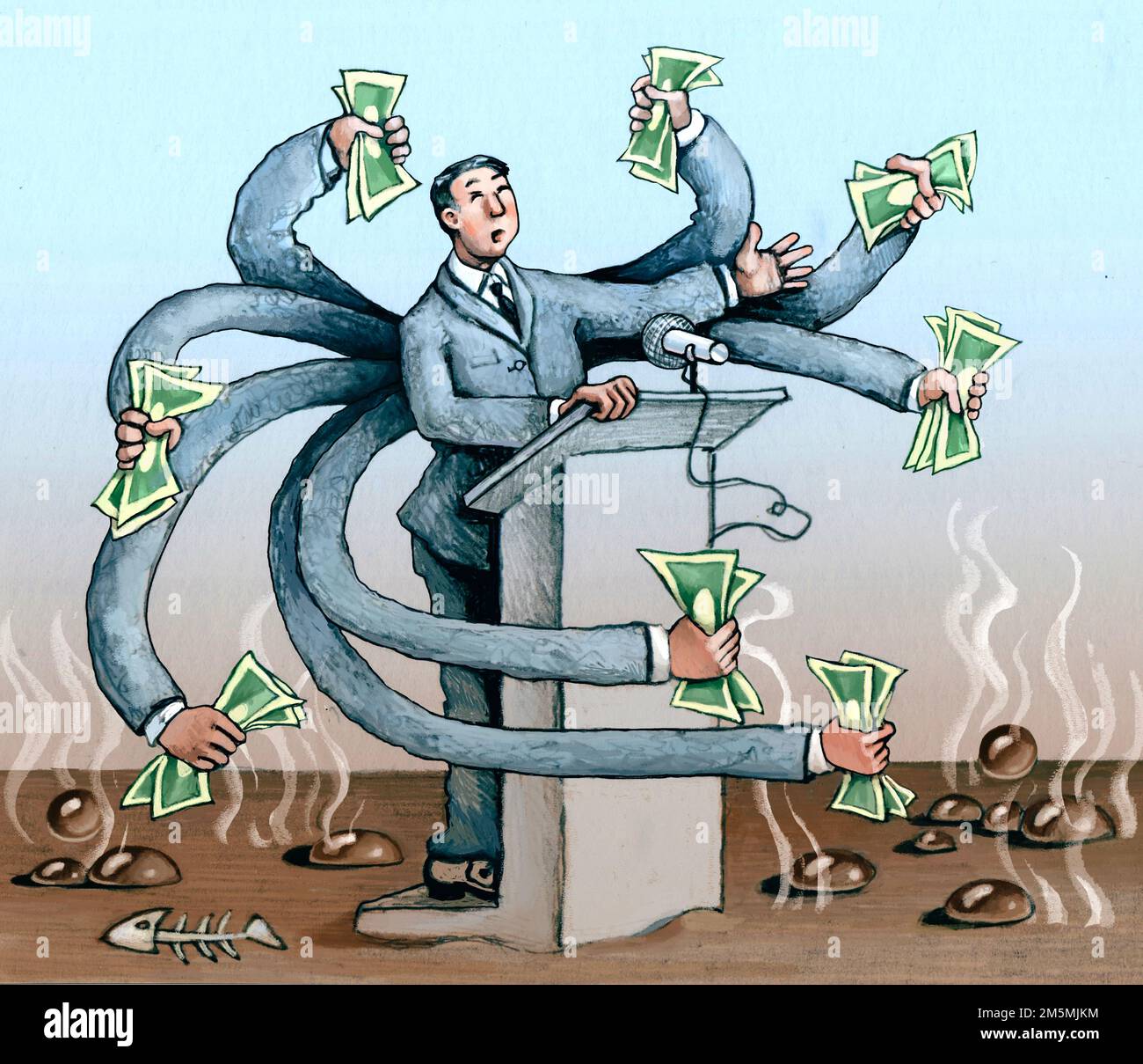 Ein Politiker bei einer Kundgebung hat so viele Arme, um so viel Geld zu schnappen, und ist in die schlammige politische Illustration eingetaucht Stockfoto