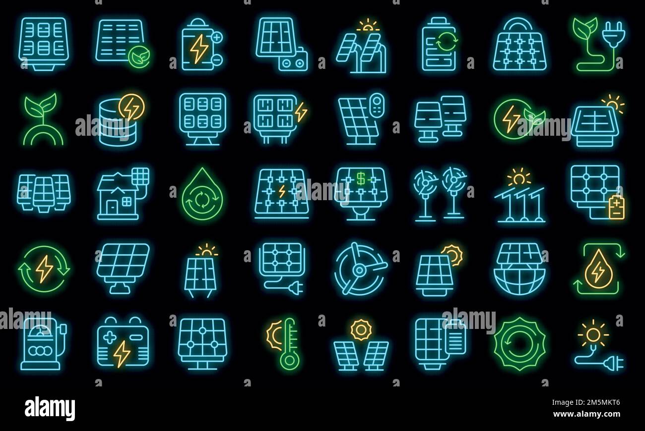 Sonnenkollektoren Symbole setzen Kontur Vektor. Invertor-Sonnenenergie. Panels Batteriesystem Stock Vektor