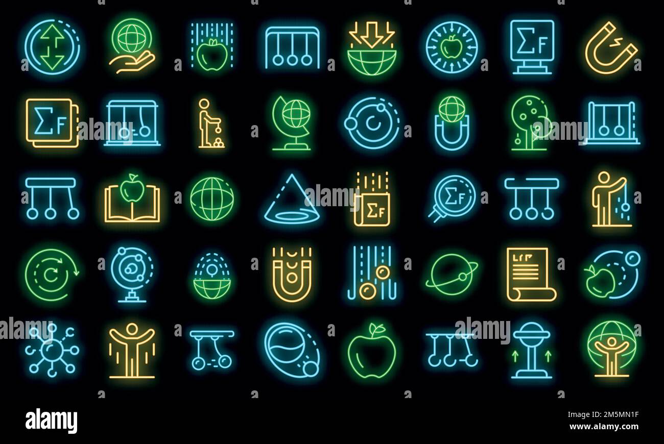 Newtons Tagessymbole eingestellt. Umreißen Sie Set von Newtons Tag Vektor-Symbole Neonfarbe auf schwarz Stock Vektor