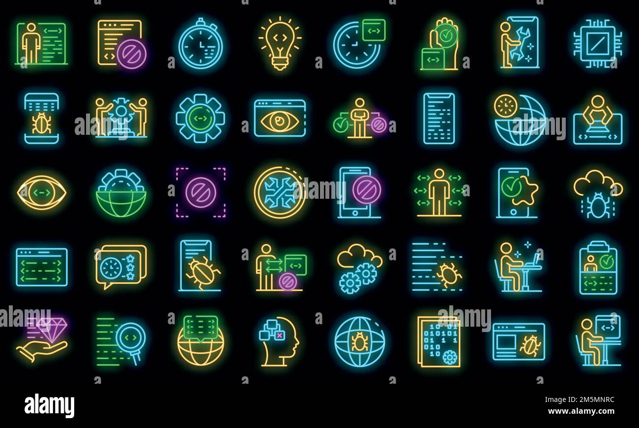Symbole für Testsoftware eingestellt. Skizzieren Satz von Test-Software Vektor-Symbole Neonfarbe auf schwarz Stock Vektor