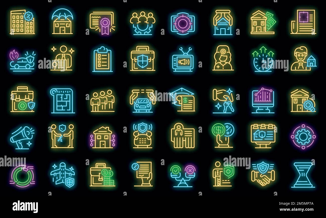 Symbole für Werbeagenten eingestellt. Skizzieren Sie Satz von Werbemittel Vektor-Symbole Neonfarbe auf schwarz Stock Vektor