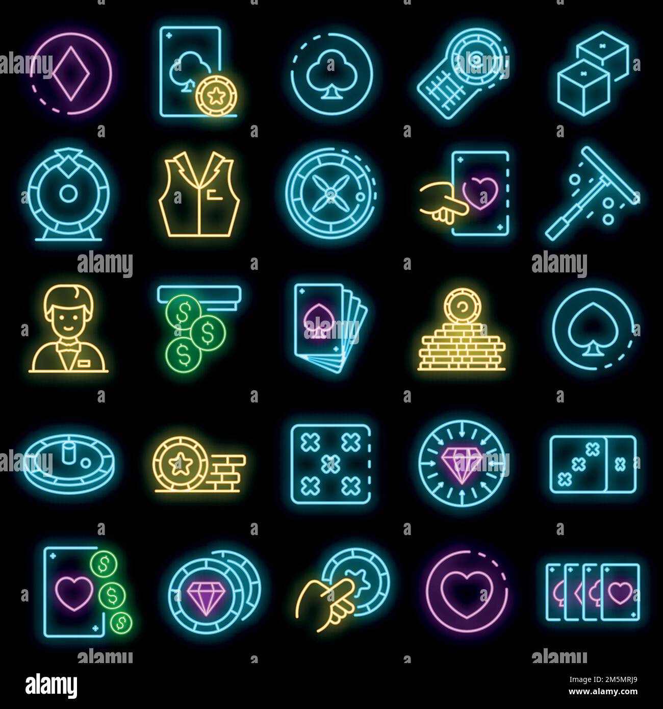Croupier-Symbole gesetzt. Skizzieren Sie Set von Croupier Vektor-Symbole Neonfarbe auf schwarz Stock Vektor
