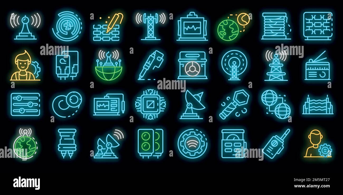 Symbole für Funktechniker eingestellt. Skizzieren Satz von Radio-Ingenieur Vektor-Symbole Neonfarbe auf schwarz Stock Vektor