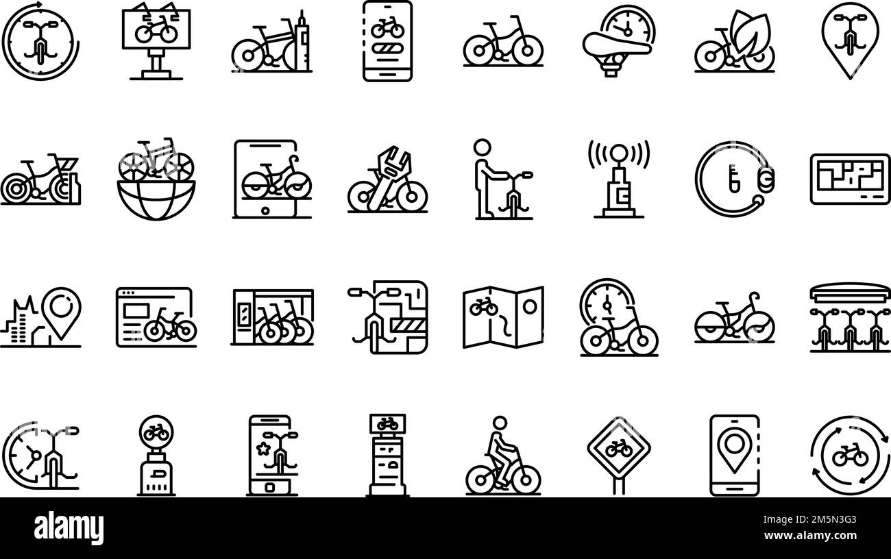 Mieten Sie ein Fahrrad Symbole gesetzt. Umrisse von Rent a Bike Vector Icons für Web Design auf weißem Hintergrund Stock Vektor