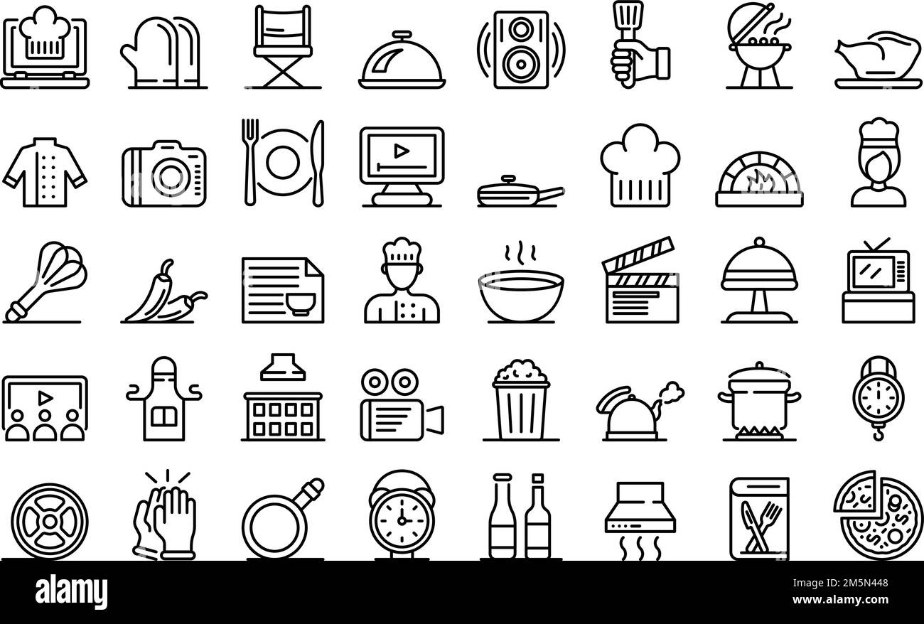 Kochen Symbole anzeigen. Umrisse der Kochshow Vector Icons für Web Design auf weißem Hintergrund Stock Vektor