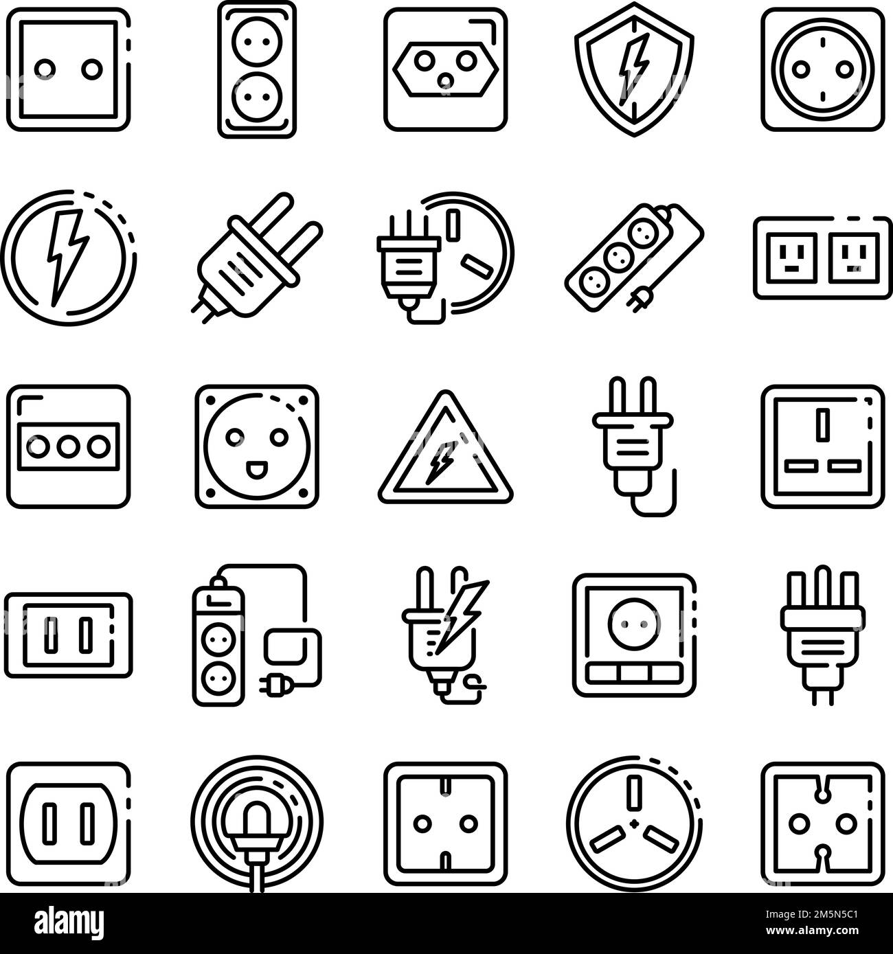 Symbole für Netzsteckdose eingestellt. Skizzieren Sie die Vektorsymbole für Netzsteckdosen für das Webdesign auf weißem Hintergrund Stock Vektor